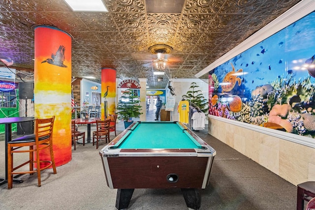 playroom with a ceiling fan, an ornate ceiling, pool table, and carpet floors