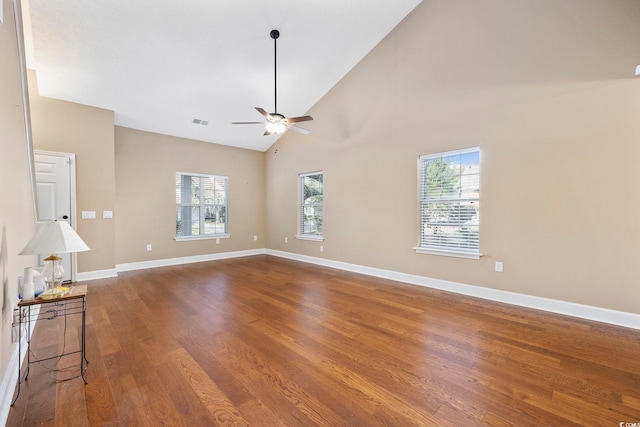 unfurnished living room featuring high vaulted ceiling, dark hardwood / wood-style floors, and ceiling fan