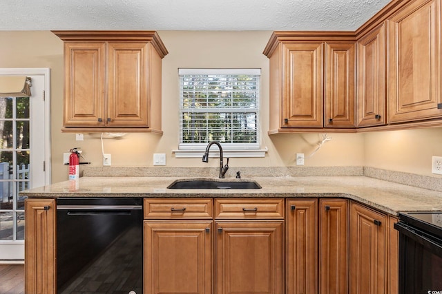 kitchen with light stone countertops, a healthy amount of sunlight, sink, and dishwasher