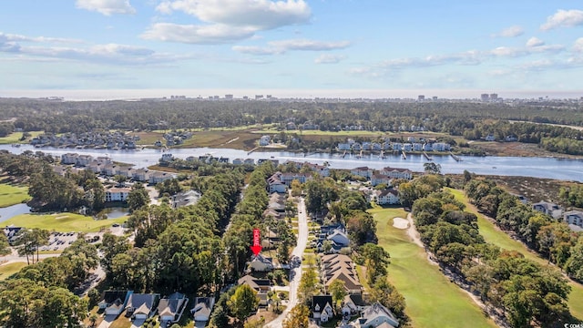 drone / aerial view featuring a water view