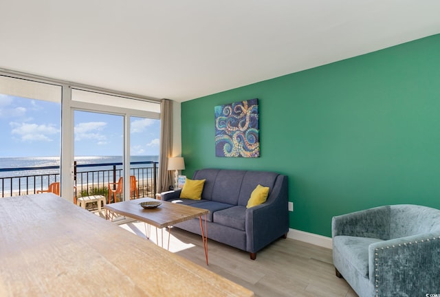 bedroom with access to exterior, a water view, and light hardwood / wood-style floors