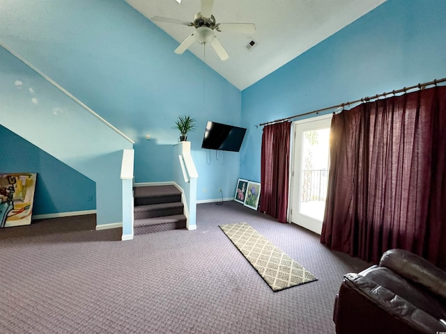 carpeted living room featuring high vaulted ceiling and ceiling fan