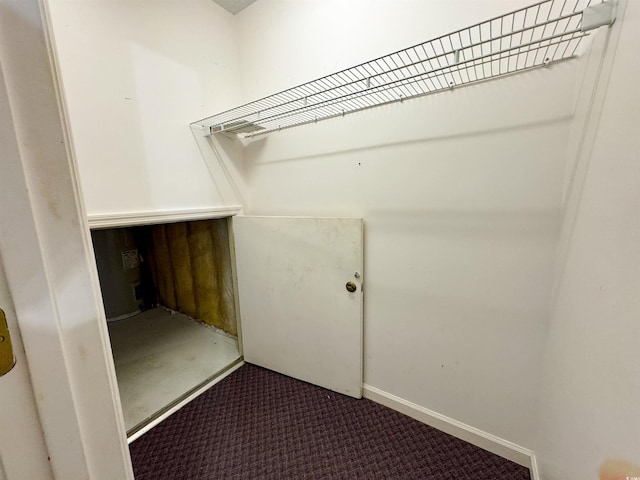 spacious closet featuring dark colored carpet