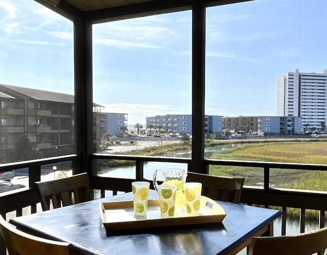 interior space featuring a water view