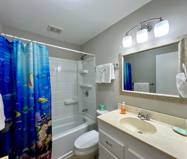 full bathroom with vanity, a textured ceiling, toilet, and shower / tub combo with curtain