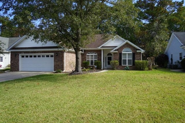 single story home with a front yard and a garage