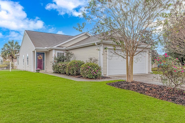 ranch-style house with a front yard and a garage