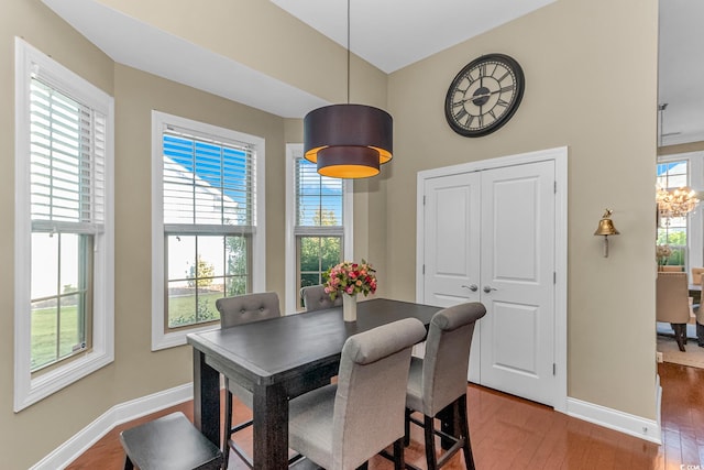 dining space featuring wood-type flooring