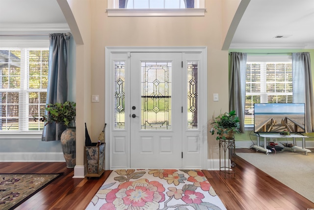 foyer featuring ornamental molding, dark wood-type flooring, and a healthy amount of sunlight