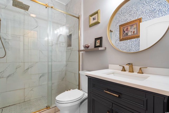 bathroom featuring walk in shower, vanity, and toilet