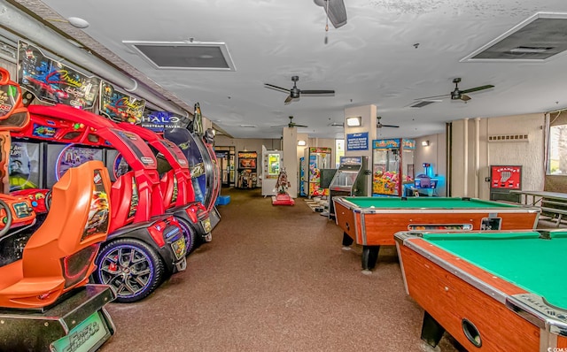 game room featuring carpet flooring, ceiling fan, and billiards