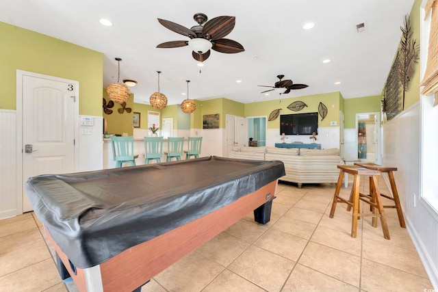 recreation room featuring light tile patterned floors, ceiling fan, and pool table