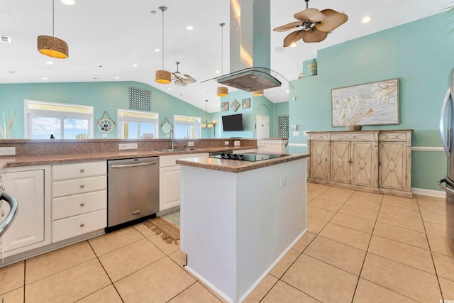 kitchen with dishwasher, island exhaust hood, decorative light fixtures, black electric cooktop, and white cabinets