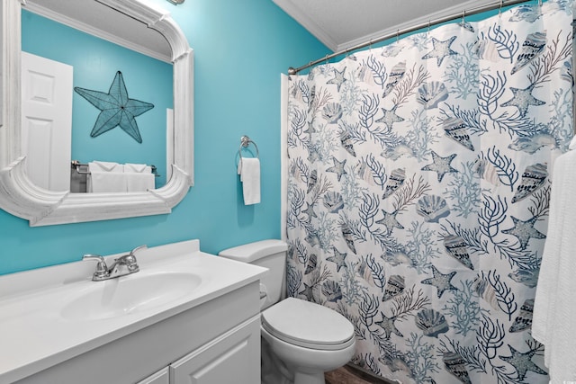 5601 N Ocean Blvd Unit C-305, Myrtle Beach, SC 29577 - bathroom featuring vanity, toilet, crown molding, and a shower with shower curtain