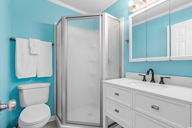5601 N Ocean Blvd Unit C-305, Myrtle Beach, SC 29577 - full bath featuring ornamental molding, vanity, a stall shower, toilet, and a textured ceiling