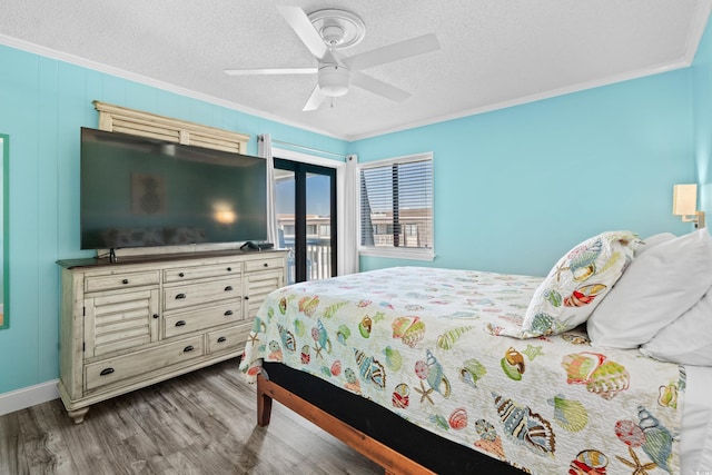 5601 N Ocean Blvd Unit C-305, Myrtle Beach, SC 29577 - bedroom with crown molding, dark wood-type flooring, access to outside, a textured ceiling, and baseboards