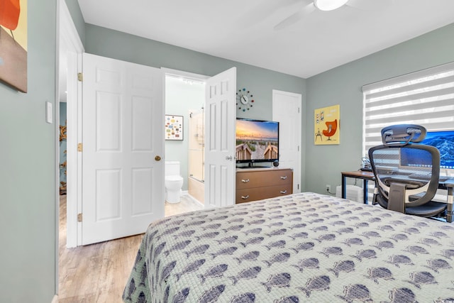 bedroom with ceiling fan and light hardwood / wood-style flooring