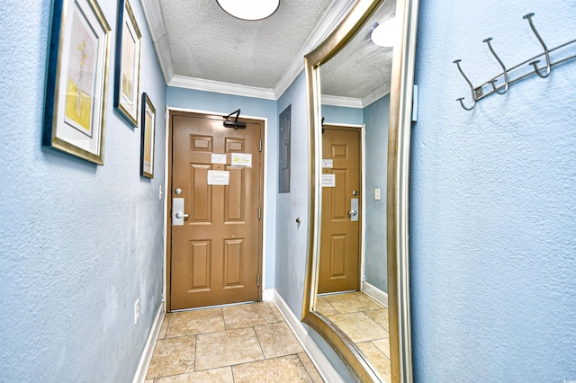 entryway featuring a textured ceiling and ornamental molding