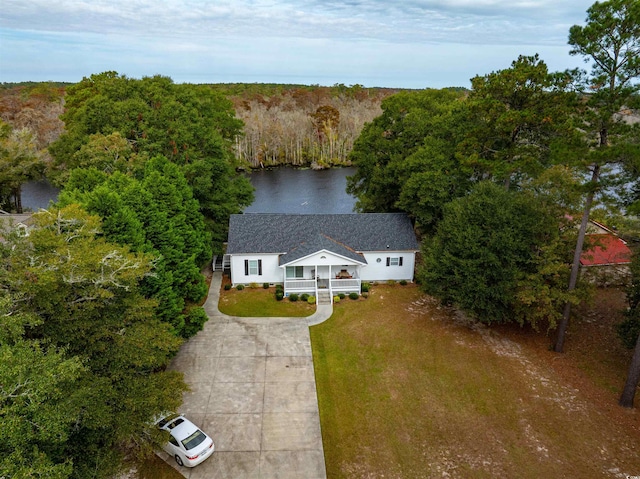 drone / aerial view featuring a water view