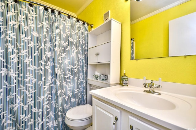 bathroom featuring vanity, toilet, crown molding, and curtained shower