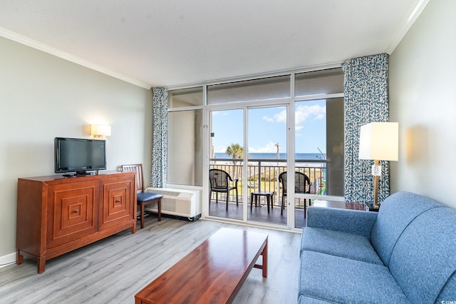 living room with light hardwood / wood-style floors, a wall of windows, a wall mounted AC, and ornamental molding