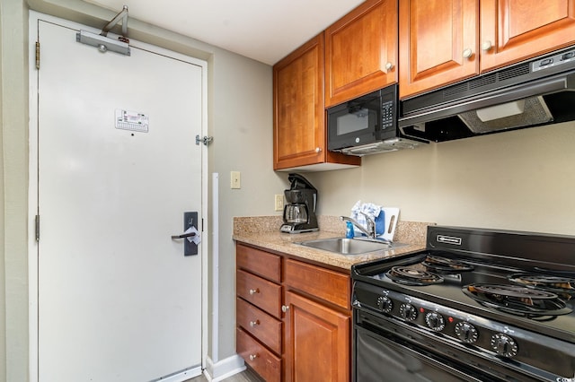 kitchen featuring ventilation hood, sink, and black appliances