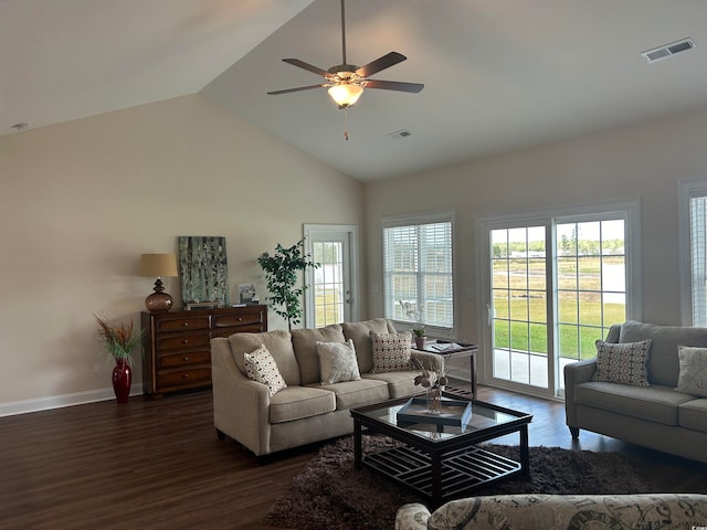 living room featuring ceiling fan, high vaulted ceiling, and dark hardwood / wood-style flooring