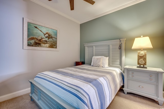 bedroom featuring ceiling fan, crown molding, and light colored carpet