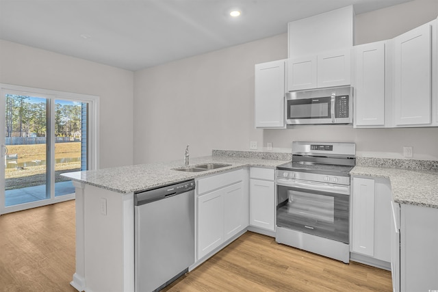 kitchen with a sink, white cabinets, stainless steel appliances, and a peninsula