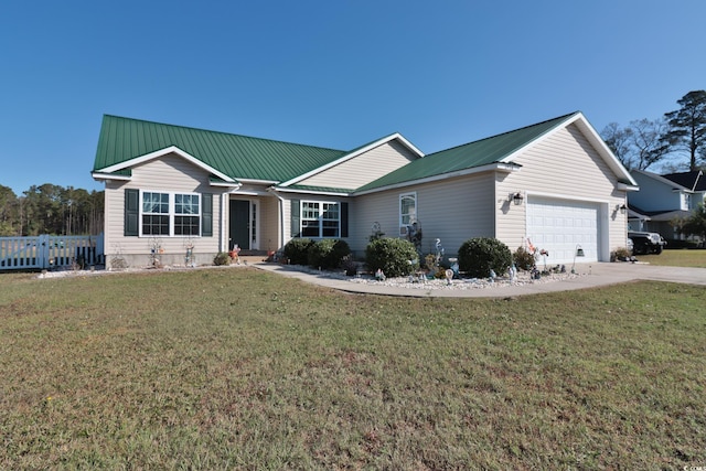 ranch-style home featuring a garage and a front lawn