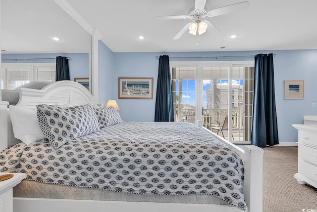 bedroom with access to exterior, light carpet, and ceiling fan