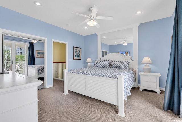 carpeted bedroom featuring ceiling fan and access to exterior