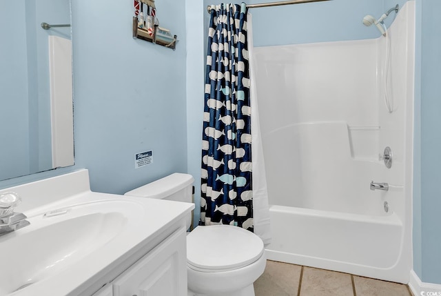 full bathroom featuring vanity, tile patterned flooring, toilet, and shower / bathtub combination with curtain