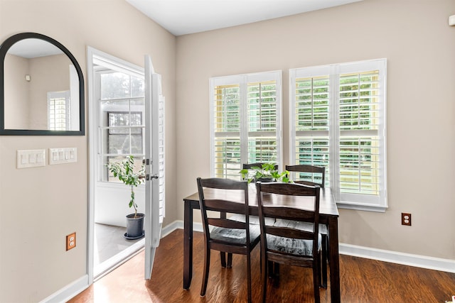 dining room featuring dark hardwood / wood-style flooring and a healthy amount of sunlight