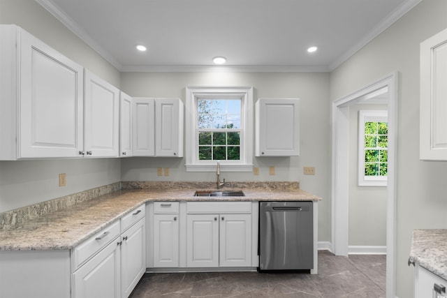 kitchen with dishwasher, ornamental molding, light stone countertops, white cabinetry, and a sink