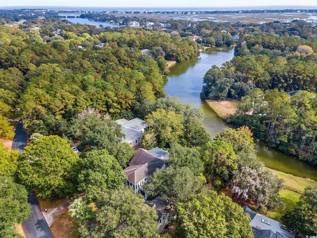 drone / aerial view featuring a water view