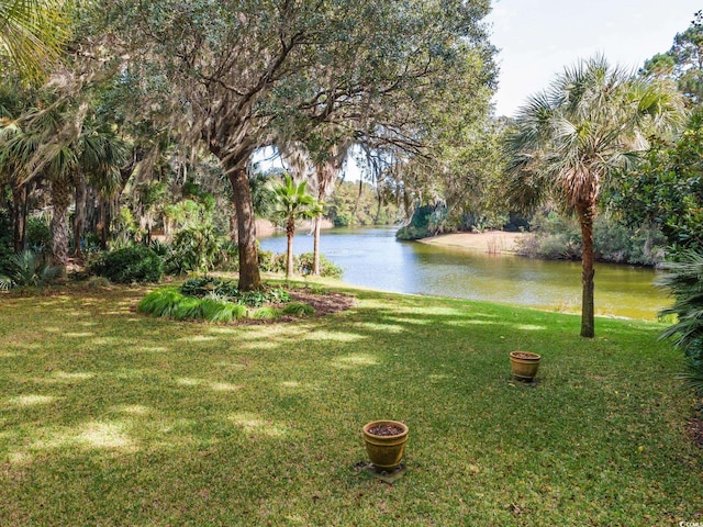 view of yard with a water view