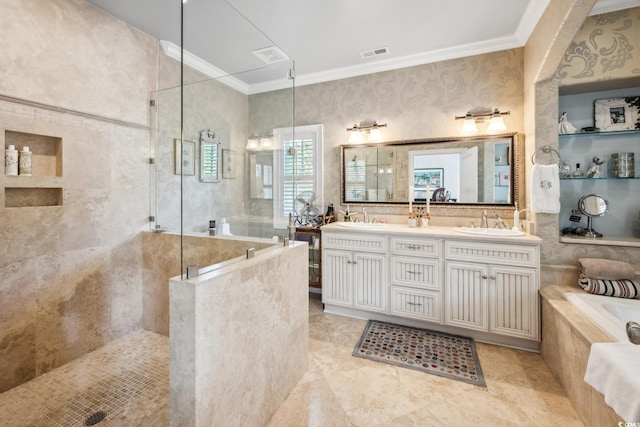 bathroom with crown molding, vanity, and a tile shower