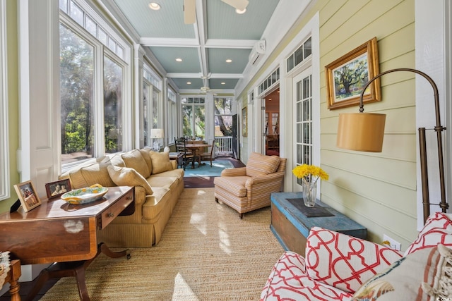 sunroom with beamed ceiling and coffered ceiling