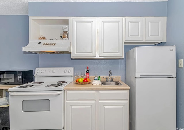 1207 S Ocean Blvd Unit 51408, Myrtle Beach, SC 29577 - kitchen featuring white appliances, a sink, under cabinet range hood, white cabinetry, and light countertops