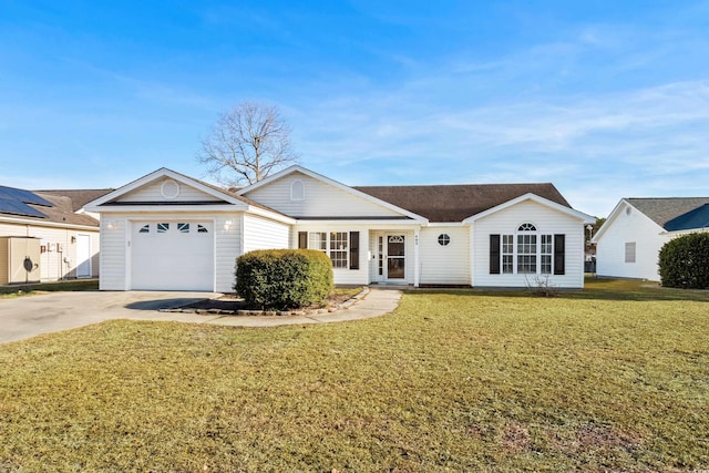 single story home with a garage and a front lawn