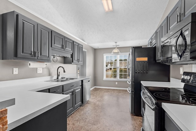 kitchen with light countertops, a sink, range with electric cooktop, black microwave, and baseboards