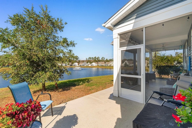 view of patio / terrace featuring a water view