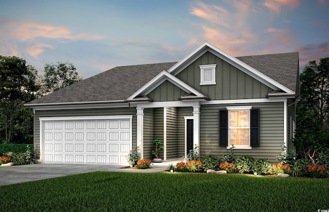 view of front of property featuring board and batten siding, an attached garage, roof with shingles, concrete driveway, and a front yard