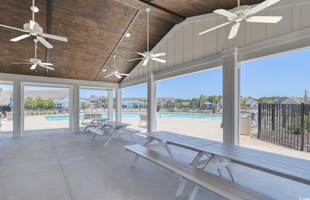 view of patio / terrace featuring ceiling fan, fence, and a community pool