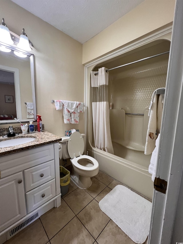 2805 N Ocean Blvd Unit 107, Myrtle Beach, SC 29577 - bathroom with tile patterned flooring, vanity, shower / bath combo, toilet, and a textured ceiling