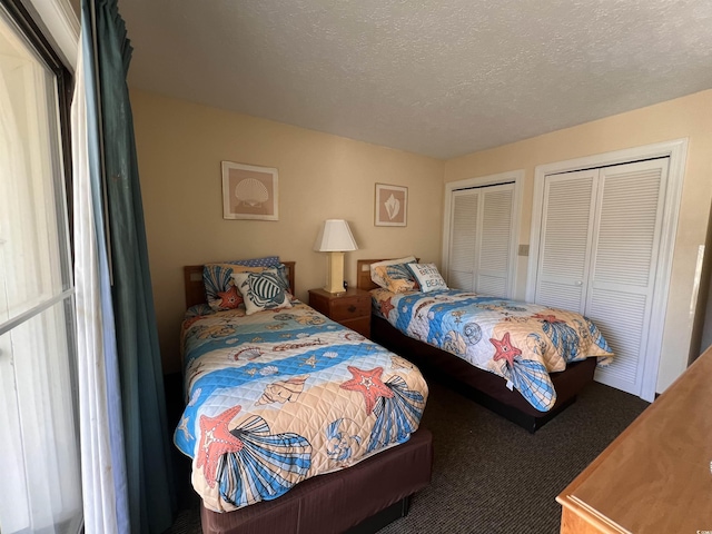 2805 N Ocean Blvd Unit 107, Myrtle Beach, SC 29577 - bedroom featuring multiple closets, carpet floors, and a textured ceiling