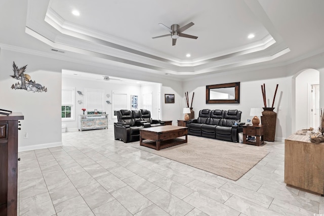 116 Ocean Sands Ct, Myrtle Beach, SC 29579 - living room with arched walkways, a tray ceiling, and ceiling fan