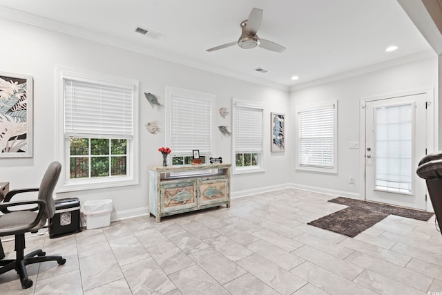 office with visible vents, a ceiling fan, recessed lighting, crown molding, and baseboards