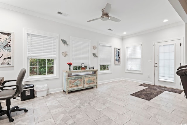 116 Ocean Sands Ct, Myrtle Beach, SC 29579 - office space featuring baseboards, ornamental molding, recessed lighting, a ceiling fan, and visible vents